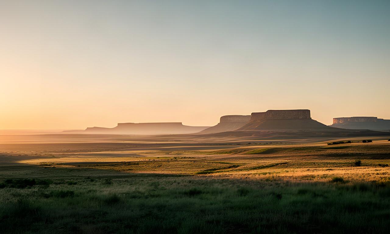 West Texas sunrise spreading across open plains near Big Spring with warm light and distant mesas