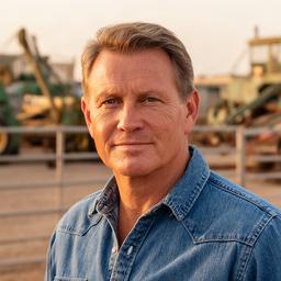 Big Spring ranch worker in a denim shirt outside a West Texas equipment yard