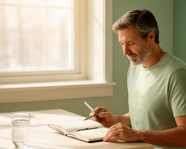 Man reviewing a morning wellness plan beside a sunlit window with a notebook and water glass