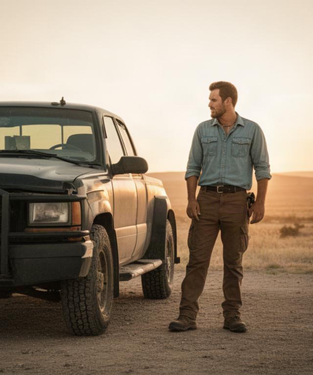 Texas man in work clothes standing beside a pickup at sunrise, ready for a full workday