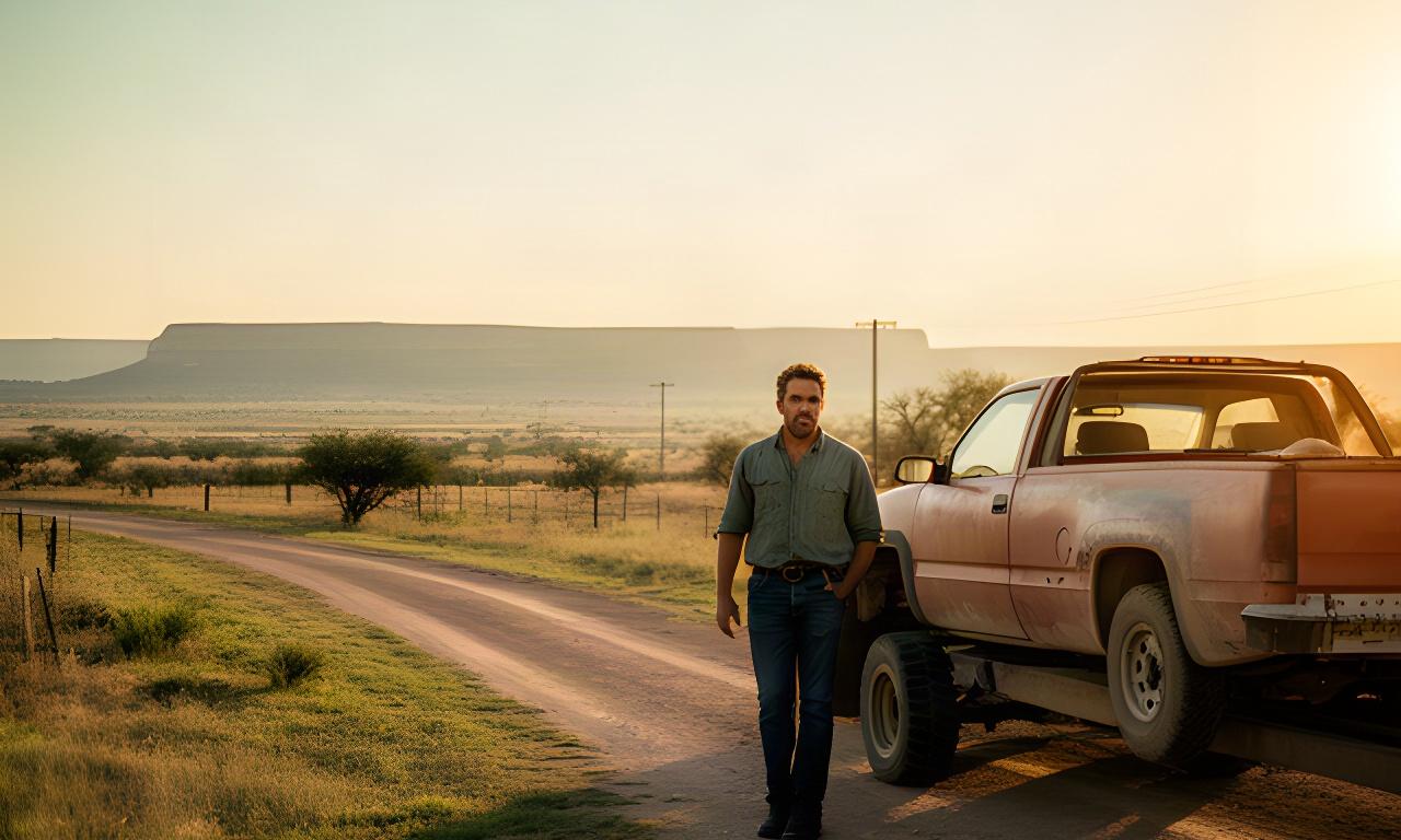 Man standing beside a pickup truck at sunrise on a rural Texas ranch road near Big Spring